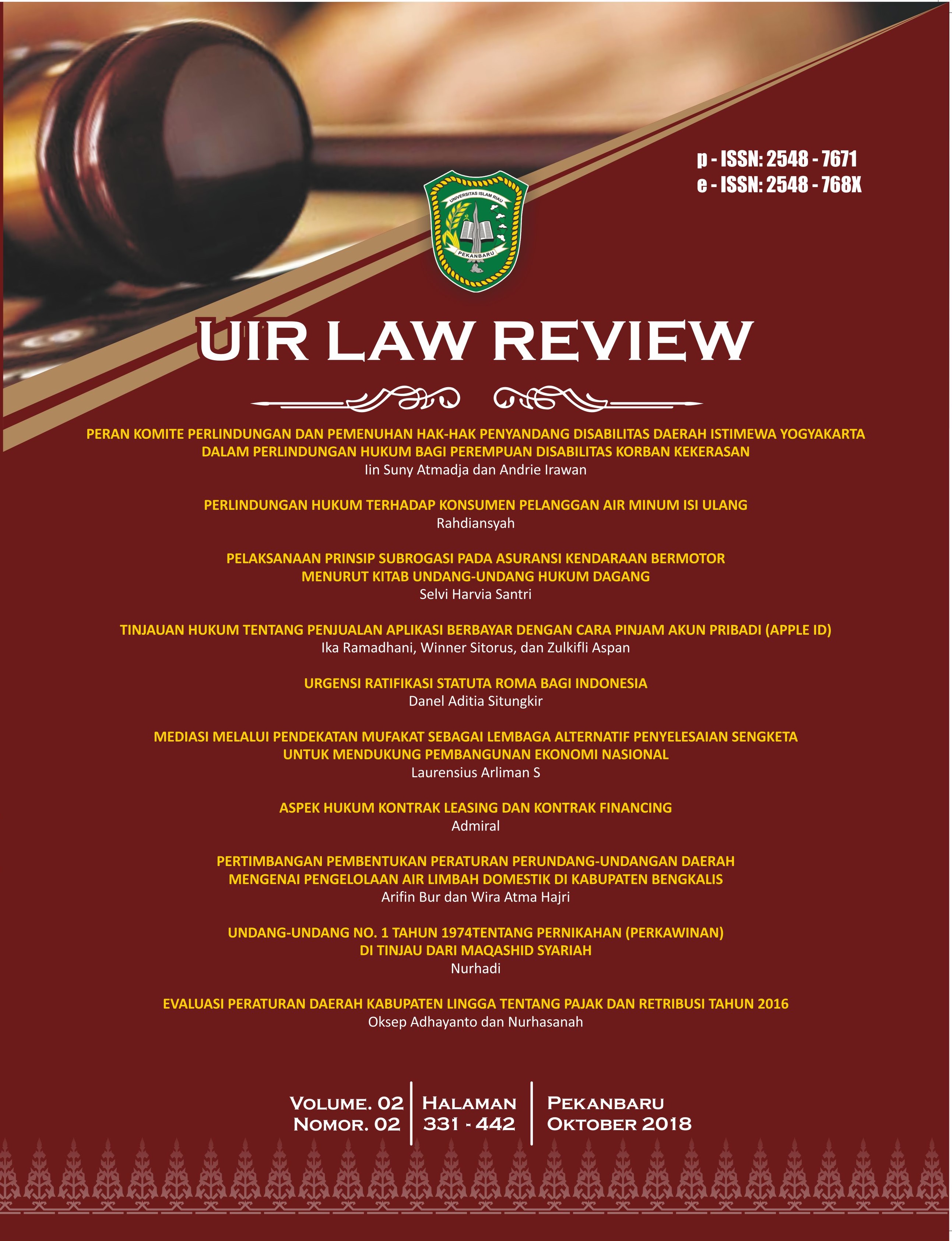 UIR Law Review, Vol. 2, No. 2, Oktober 2018